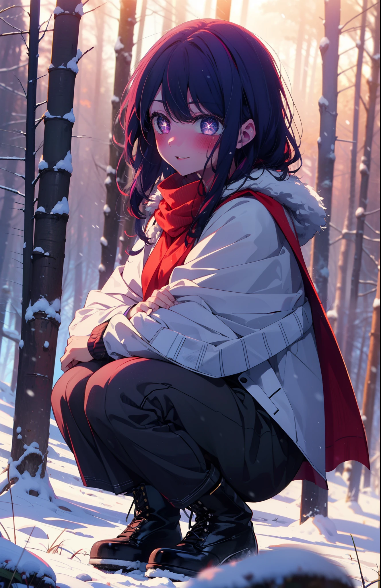 aihoshino, Ai Hoshino, Long Hair, bangs, (Purple eyes:1.1), Purple Hair, (Symbol-shaped pupil:1.5), smile,,smile,blush,white breath,
Open your mouth,snow,Ground bonfire, Outdoor, boots, snowing, From the side, wood, suitcase, Cape, Blurred, , forest, White handbag, nature,  Squat, Mouth closed, Cape, winter, Written boundary depth, Black shoes, red Cape break looking at viewer, Upper Body, whole body, break Outdoor, forest, nature, break (masterpiece:1.2), Highest quality, High resolution, unity 8k wallpaper, (shape:0.8), (Beautiful and beautiful eyes:1.6), Highly detailed face, Perfect lighting, Highly detailed CG, (Perfect hands, Perfect Anatomy),