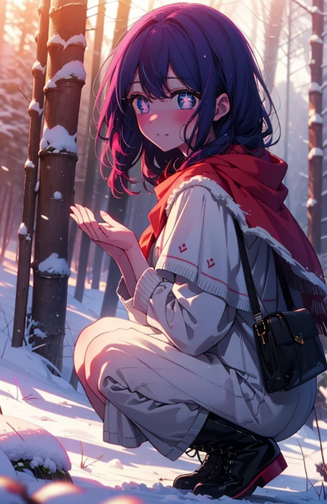 aihoshino, Ai Hoshino, Long Hair, bangs, (Purple eyes:1.1), Purple Hair, (Symbol-shaped pupil:1.5), smile,,smile,blush,white breath,
Open your mouth,snow,Ground bonfire, Outdoor, boots, snowing, From the side, wood, suitcase, Cape, Blurred, , forest, White handbag, nature, Squat, Mouth closed, Cape, winter, Written boundary depth, Black shoes, red Cape break looking at viewer, Upper Body, whole body, break Outdoor, forest, nature, break (masterpiece:1.2), Highest quality, High resolution, unity 8k wallpaper, (shape:0.8), (Beautiful and beautiful eyes:1.6), Highly detailed face, Perfect lighting, Highly detailed CG, (Perfect hands, Perfect Anatomy),