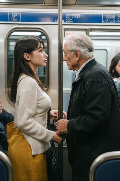 (Browsing Caution)、Highest quality、Ultra-high resolution、young woman、日本人のyoung woman、Huge breasts、Perfect Face、cute、Beautiful expression、Beautiful Face、Beautiful Eyes、young woman、Subway car interior background、In a crowded train、(There are many men on the train.、Molestation of a man on a train)、(((( Old man standing behind woman、old man grabs woman&#39;s breast、Touch from the front.、Woman screaming:1.2、They hesitate、3 males、1 female、 With men、Torn clothes))))、(put in)　、(Ejaculation into the body、Massive ejaculation)、Expressions of fear、Blushing、Touched by various hands、Touched by many hands、The viewer extends his right hand、The man has a vulgar look、Dick、(White nurse uniform:1.2)、背景の人は全てTorn clothes、A man hugs a woman、