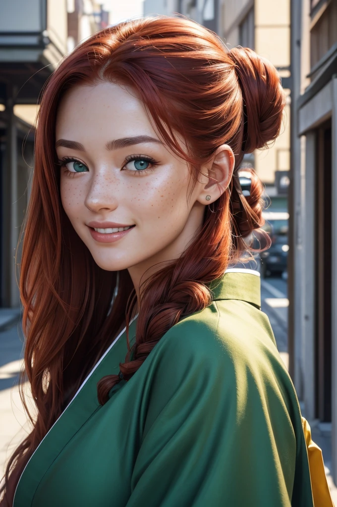 A photo-realistic close-up portrait of a Caucasian girl with long red hair in a chignon hairstyle, green eyes, freckles, wearing a traditional Japanese kimono, smiling in a Japanese street, (best quality,4k,8k,highres,masterpiece:1.2),ultra-detailed,(realistic,photorealistic,photo-realistic:1.37),HDR,UHD,studio lighting,ultra-fine painting,sharp focus,physically-based rendering,extreme detail description,professional,vivid colors,bokeh,portrait
