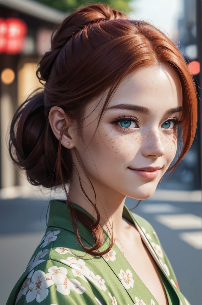 A photo-realistic close-up portrait of a Caucasian girl with long red hair in a chignon hairstyle, green eyes, freckles, wearing a traditional Japanese kimono, smiling in a Japanese street, (best quality,4k,8k,highres,masterpiece:1.2),ultra-detailed,(realistic,photorealistic,photo-realistic:1.37),HDR,UHD,studio lighting,ultra-fine painting,sharp focus,physically-based rendering,extreme detail description,professional,vivid colors,bokeh,portrait