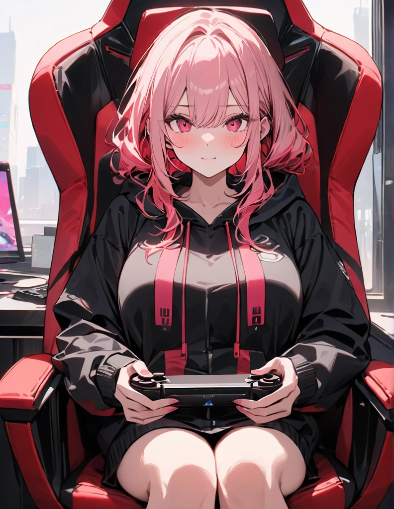 anime、Digital Art、Flat Design、Big Breasts、Wearing a black hoodie、Sitting in a gaming chair、I have a gaming console、Condescending face、whole body、uhd, (masterpiece:1.2), best quality, highres, award winning, high details、Her hair is color pink&red