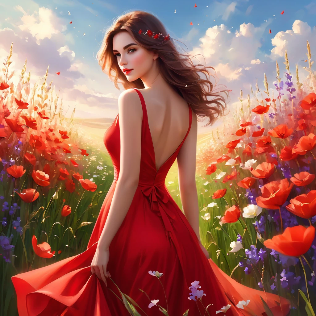 A woman in a blue dress stands on a field of white flowers, Beautiful digital artwork, elegant digital painting, exquisite digital illustration, digital art of elegance, beautiful digital art, очень beautiful digital art, прекрасное gorgeous digital art, Zou Zhe, inspired by Igor Kerylyuk, lady in a dress with glowing white flowers, Yang Jay, gorgeous digital art