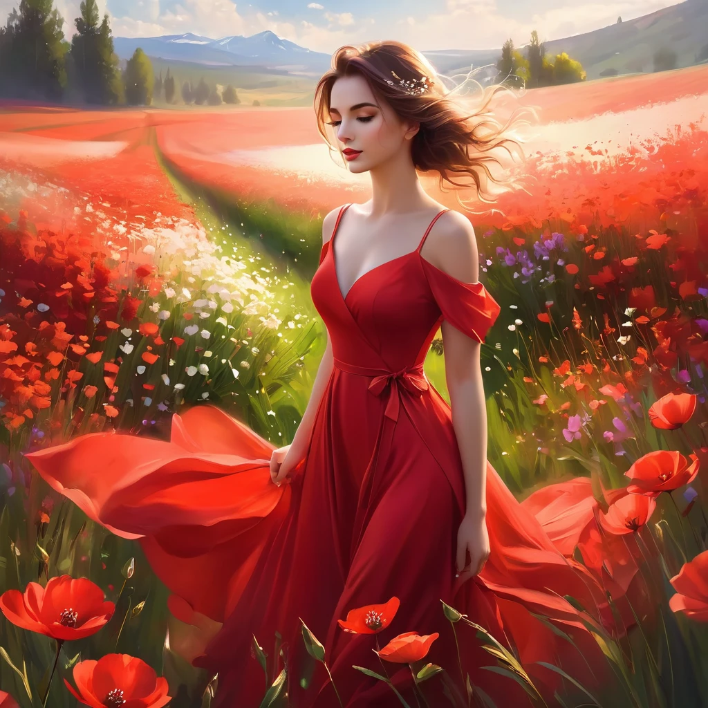 A woman in a blue dress stands on a field of white flowers, Beautiful digital artwork, elegant digital painting, exquisite digital illustration, digital art of elegance, beautiful digital art, очень beautiful digital art, прекрасное gorgeous digital art, Zou Zhe, inspired by Igor Kerylyuk, lady in a dress with glowing white flowers, Yang Jay, gorgeous digital art