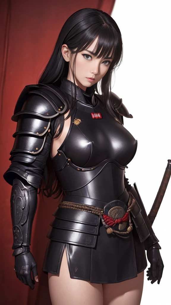 Cowboy Shot、((white background))、One Woman、Very beautiful woman、Slender women、Thin eyebrows、Moist eyes、samurai、Big Breasts、(Detailed face)、Realistic Skin、(Black Armor)、((((非常に細かく複雑な装飾が施されたBlack Armor))))、((Delicate photo)),(Girl Astepeace RAW Photo Details:1.25), (Highest quality:1.6), (Ultra-high resolution:1.5), (Realistic:1.75), 8k resolution, Absurd, Very detailed,Cinema Lighting,((Battlefields of Japan's Sengoku Period))、(((samurai armor)))、((Long hair with bangs,))、Beautiful Armor、(((Giant Sword)))、(((Japanese sword)))、(((Drawn Sword)))、(((gripping katana sword:1.3)))、In combat、The wind is blowing、Wolf Pattern:1.5、A warrior worth a thousand men、((Raise one arm to celebrate victory:1.2))、kimono、A proud woman beloved by the God of War dominates the battlefield with a single sword in her hand.,Female Knight