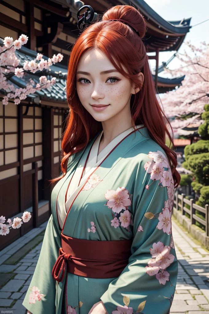 a beautiful Caucasian girl with red hair, green eyes, and freckles, wearing a kimono and smiling, standing in a Japanese street, (best quality,8k,highres,masterpiece:1.2),ultra-detailed,(realistic,photorealistic,photo-realistic:1.37),intricate details, beautiful detailed eyes, beautiful detailed lips, extremely detailed eyes and face, long eyelashes, cinematic lighting, warm color tones, vibrant colors, detailed kimono, delicate facial features, serene expression, traditional Japanese architecture, cobblestone street, cherry blossom trees, pagoda in the background