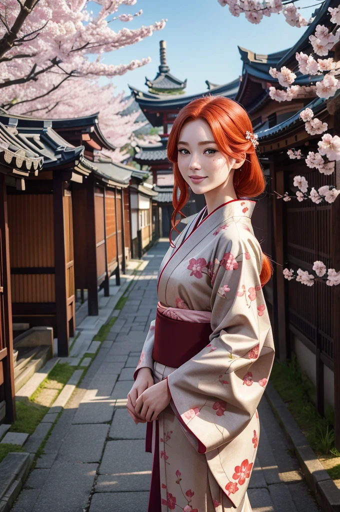 a beautiful Caucasian girl with red hair, green eyes, and freckles, wearing a kimono and smiling, standing in a Japanese street, (best quality,8k,highres,masterpiece:1.2),ultra-detailed,(realistic,photorealistic,photo-realistic:1.37),intricate details, beautiful detailed eyes, beautiful detailed lips, extremely detailed eyes and face, long eyelashes, cinematic lighting, warm color tones, vibrant colors, detailed kimono, delicate facial features, serene expression, traditional Japanese architecture, cobblestone street, cherry blossom trees, pagoda in the background