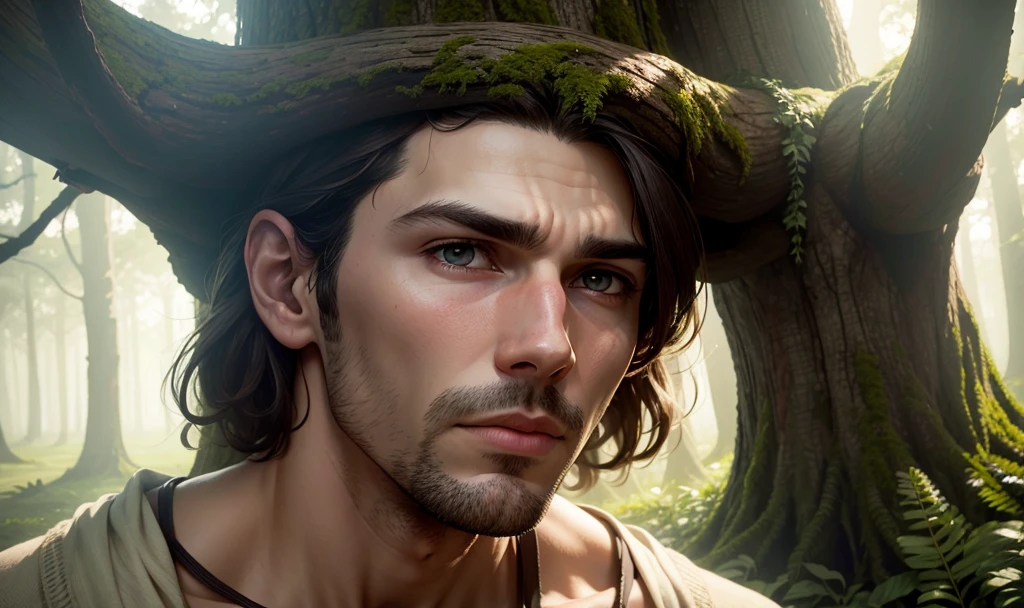 Man held his breath behind the tree, his face pale