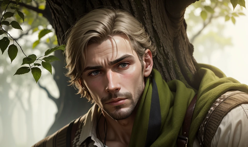 Man held his breath behind the tree, his face pale