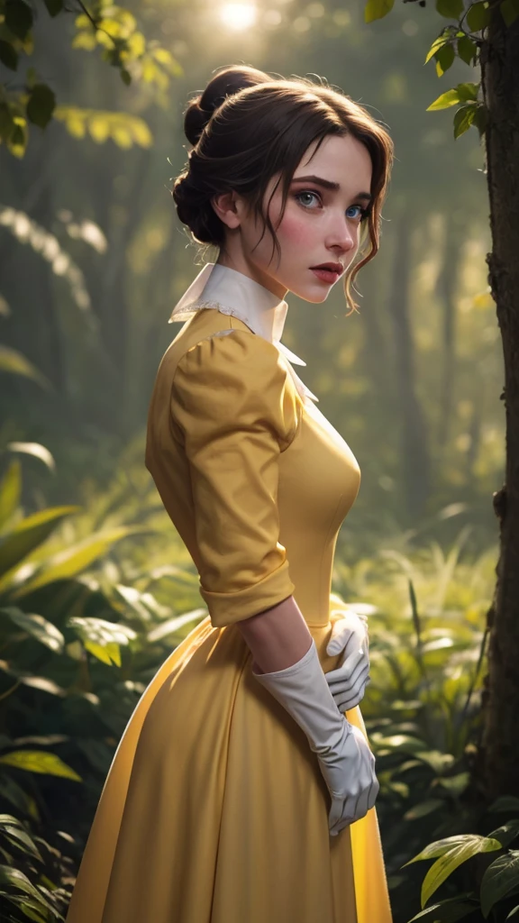 masterpiece, best quality, outdoors, lens flare, depth of field, 1girl, solo, looking at viewer, breasts, janeporter, short hair, hair bun, yellow dress, long dress, puffy sleeves, ascot, white gloves, cowboy shot