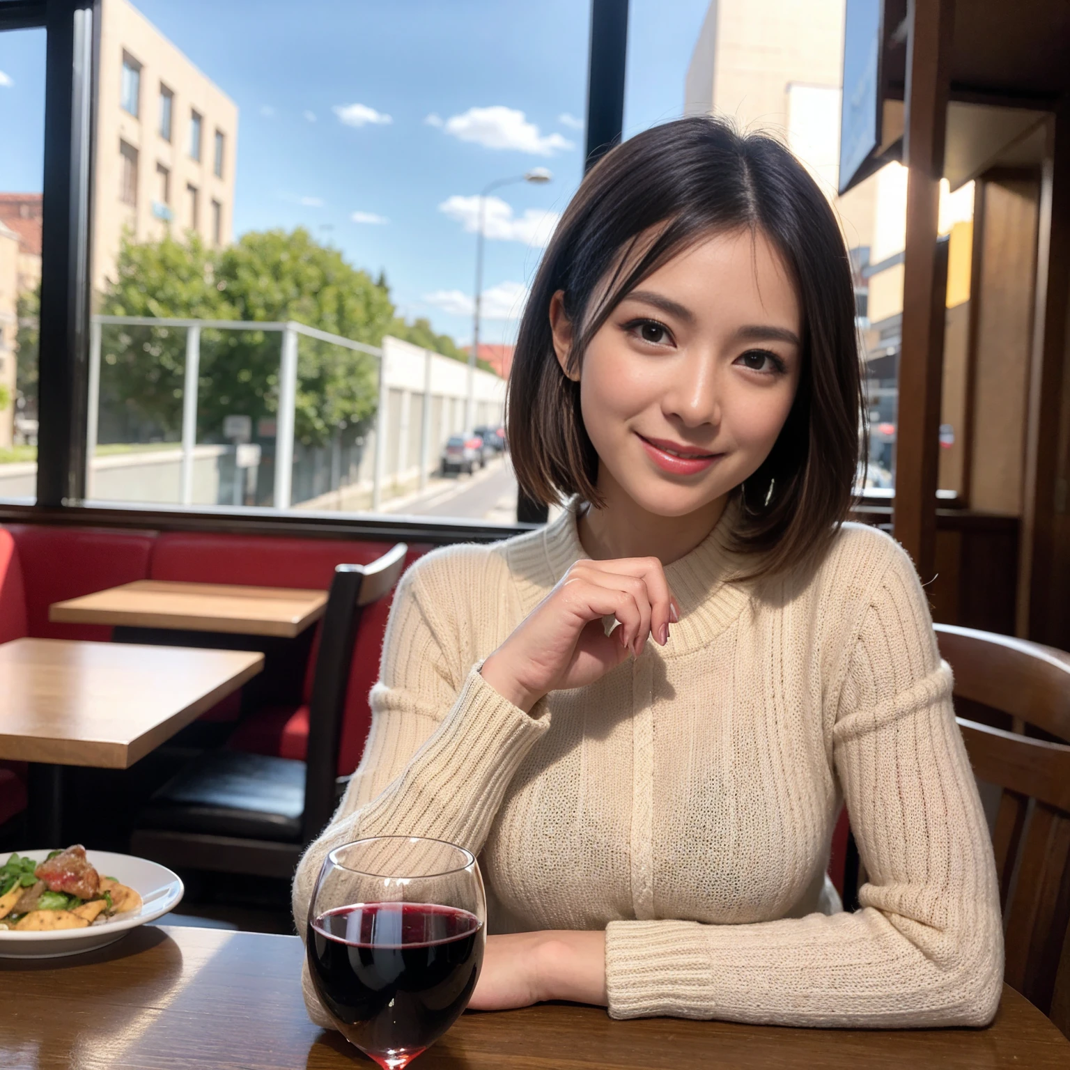((Highest quality、8k、masterpiece:1.3))、slimカップル、modelカップル、(Realistic, Intricate details:1.2), full-course dinner、Wine Party、Amazing view of the sunset sky and clouds、A bright smile、The wonderfulness of smile、Bright image、The beauty of wine, Beautiful Face, blue eyes, The light shines on your face, blush, short hair,Bright Face、 (Age 37), 39 years old, red wine 、Appetizers、Italian food、Wine bottle、Champagne、sparkling wine、Two beauties、Brown Hair、Shortcuts、Long sleeve shirt、dress、Beautiful woman 1, (slimな顔), (The body is slim), (Brown Hair), (Shortcuts), cheeks turn a little red,Attractive beauty、restaurant, In a prominent place (From the waist up) Nova Frog Style, actress, model, Upper Body, White wine, slim, wine glass, 中央に置かれたwine glass, smile, (smile: 1.15), Beautiful fine grain, Depth f/2,saturation, High Contrast, Strong light and shadow,Moist Body:1.5、3D texture、Delicate eyes、Brown Hair、The hair is very shiny、