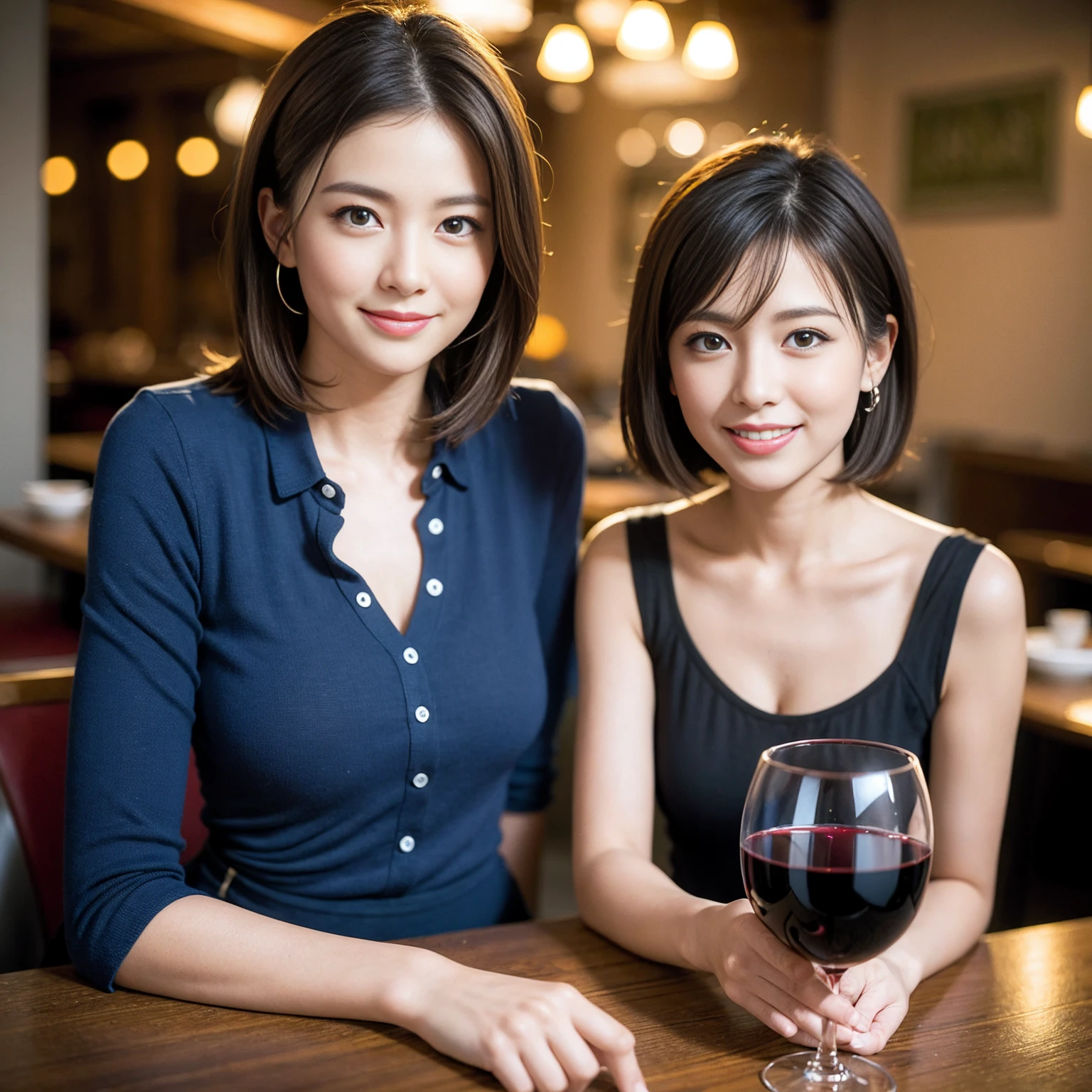 ((Highest quality、8k、masterpiece:1.3))、slimカップル、modelカップル、(Realistic, Intricate details:1.2), full-course dinner、Wine Party、Amazing view of the sunset sky and clouds、A bright smile、The wonderfulness of smile、Bright image、The beauty of wine, Beautiful Face, blue eyes, The light shines on your face, blush, short hair,Bright Face、 (Age 37), 39 years old, red wine 、Appetizers、Italian food、Wine bottle、Champagne、sparkling wine、Two beauties、Brown Hair、Shortcuts、Long sleeve shirt、dress、Beautiful woman 1, (slimな顔), (The body is slim), (Brown Hair), (Shortcuts), cheeks turn a little red,Attractive beauty、restaurant, In a prominent place (From the waist up) Nova Frog Style, actress, model, Upper Body, White wine, slim, wine glass, 中央に置かれたwine glass, smile, (smile: 1.15), Beautiful fine grain, Depth f/2,saturation, High Contrast, Strong light and shadow,Moist Body:1.5、3D texture、Delicate eyes、Brown Hair、The hair is very shiny、