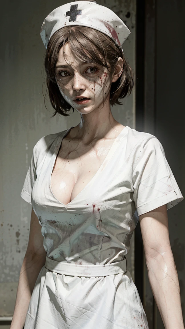 (masterpiece, Highest quality) Silent Hill Nurse, One Girl, alone, have, dress, Cleavage, Short sleeve, Faceless female, Blood, monster Girl, Faceless, nurse cap, nurse, Blood on clothes, can'I can not stand it, Horror \(theme\), Background Complex, Forest Snow Ice, learn more.
