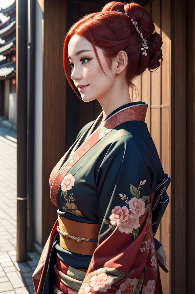A beautiful young Caucasian girl with vibrant red hair, captivating green eyes, and lovely freckles, wearing a traditional Japanese kimono and styled in a chignon hairstyle, smiling warmly as she stands in a charming Japanese street scene, (best quality,4k,8k,highres,masterpiece:1.2),ultra-detailed,(realistic,photorealistic,photo-realistic:1.37),detailed face features,extremely detailed eyes and face,longeyelashes,portrait,highly detailed kimono,detailed chignon hairstyle,japanese street,warm lighting,vibrant colors,intricate details
