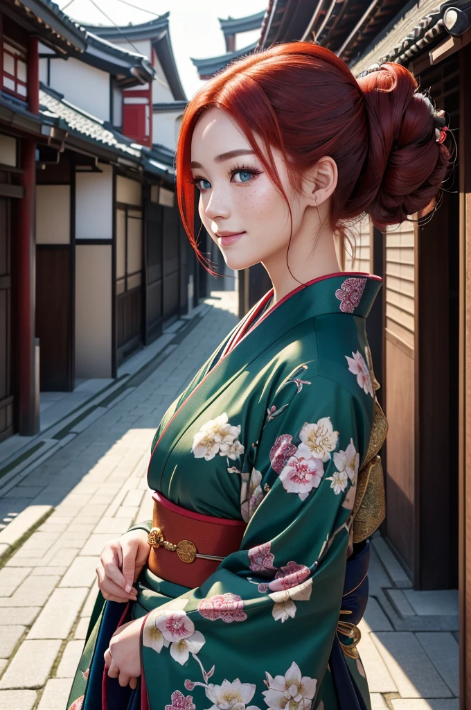 A beautiful young Caucasian girl with vibrant red hair, captivating green eyes, and lovely freckles, wearing a traditional Japanese kimono and styled in a chignon hairstyle, smiling warmly as she stands in a charming Japanese street scene, (best quality,4k,8k,highres,masterpiece:1.2),ultra-detailed,(realistic,photorealistic,photo-realistic:1.37),detailed face features,extremely detailed eyes and face,longeyelashes,portrait,highly detailed kimono,detailed chignon hairstyle,japanese street,warm lighting,vibrant colors,intricate details