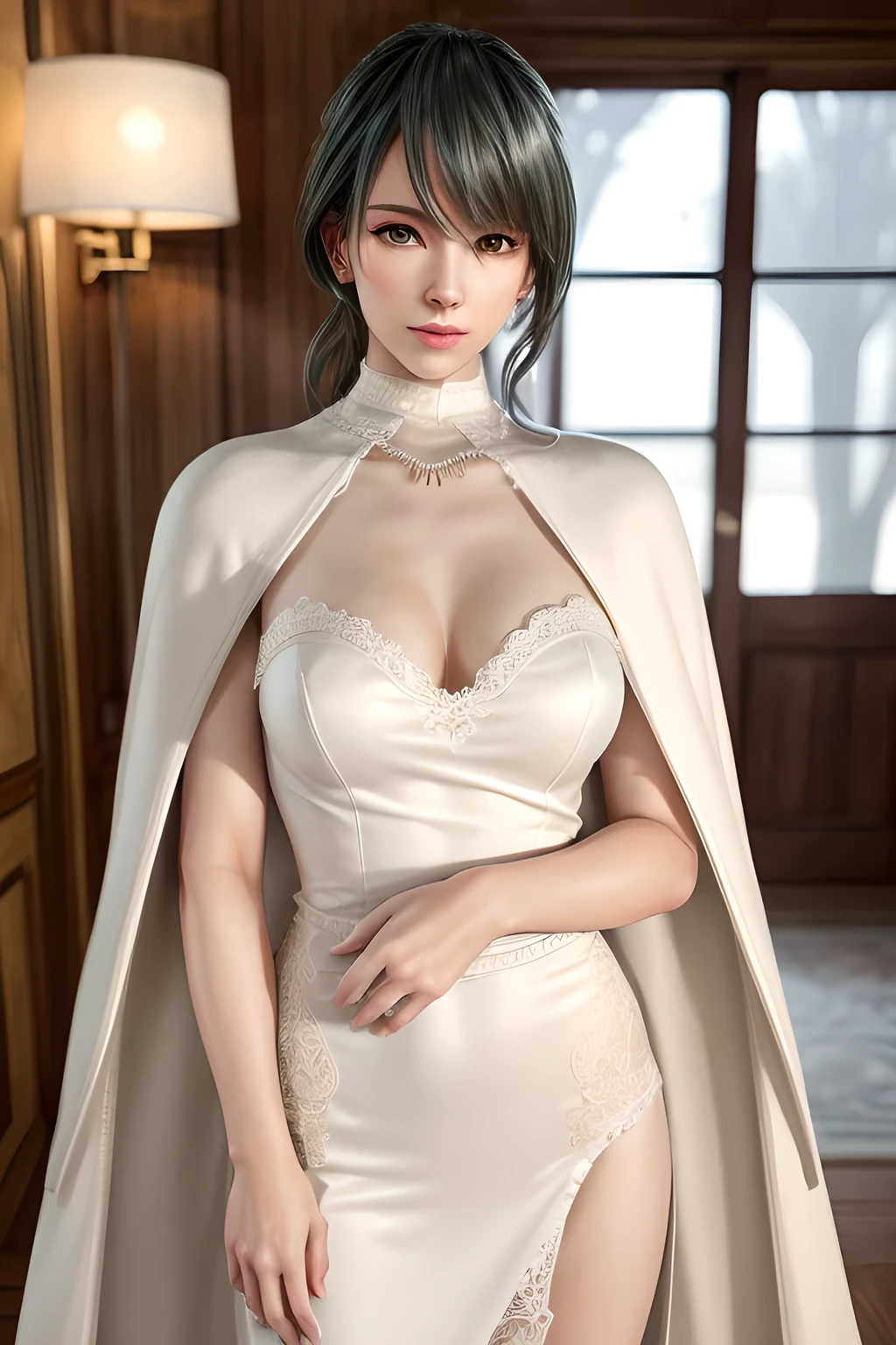 A lady with extraordinary temperament, she stands in a modern indoor space, as if she is a model from a fashion magazine. She is wearing a (pure white long fur cape), the softness and luster of which makes her look more noble under the light, and complements her (beige dress) underneath, showing her gentle temperament while maintaining a sense of fashion. The style of the dress is simple and generous, a perfect match, and it lengthens her figure, making her tall and charming. The lady's makeup is delicate and elegant, which just highlights her facial features and makes people unforgettable at first sight. Although the earrings and necklace she wears are not ostentatious, they add a bit of sophistication and nobility to her overall look. Her hair is casually draped over her shoulders, and every strand of hair exudes a natural luster,, (best quality,8k,highres,masterpiece:1.2),ultra-detailed,(realistic,photorealistic,photo-realistic:1.37),studio lighting,ultra-fine painting,sharp focus,physically-based rendering,extreme detail description,professional,vivid colors