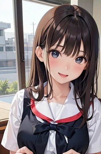 15-year-old student、Brown haired、Beautiful Eyes、Realistic Skin、high school girl、Large Breasts 、(8k、masterpiece)、(Realistic、Photorealistic)、Highest quality、Very detailed、Ultra-detailed、Beauty、cute、Japanese、Laughter、Close-up portrait、Healthy Face、school uniform、Checked skirt