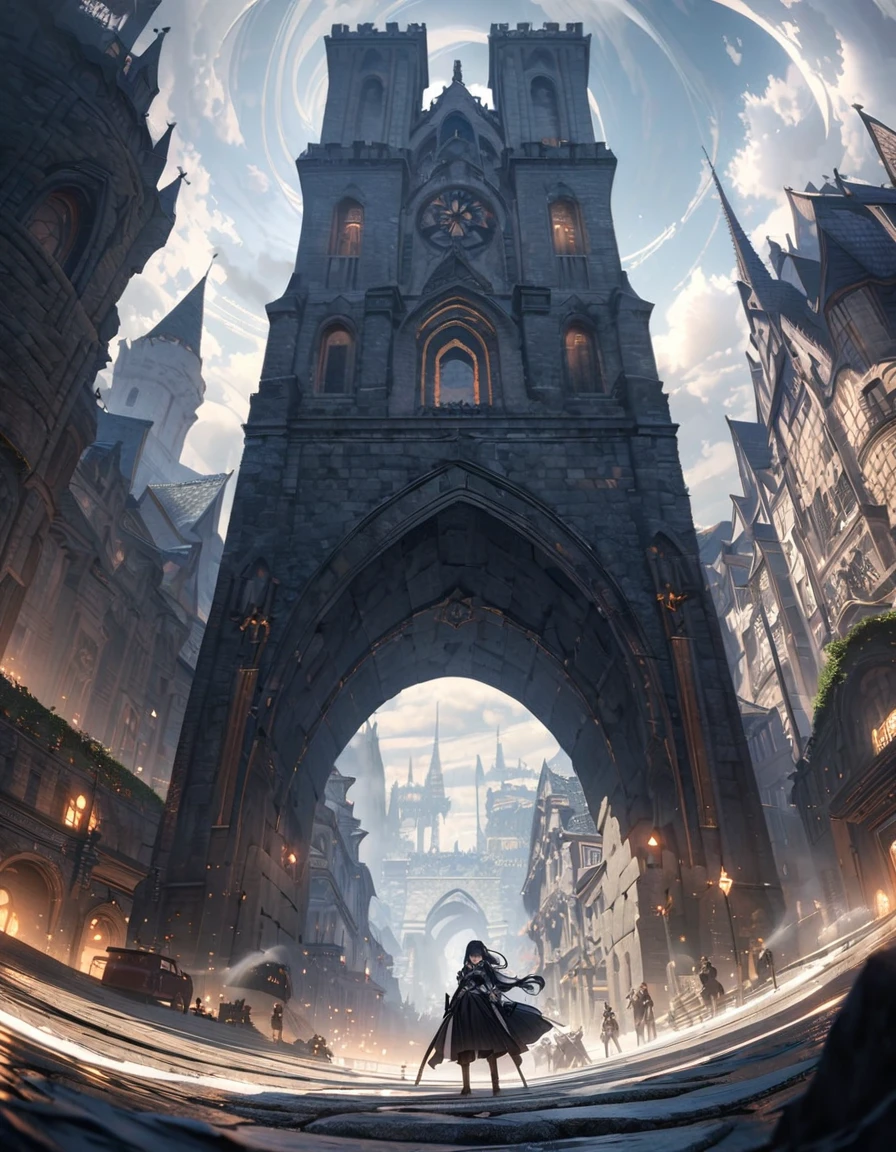 anime aestetics, anime scenery, gigantic stone arch, the sea on the left, foggy day, white mist over the town, gothic castle on the top of the arch, black and white stone, epic structure, dark fantasy aestetics, road leading to the sea under the arch, wallpapr, fisheye, perspective, atmospheric perspective, wide shot, highres, best quality, award winning, 8k, 4K, super detail, masterpiece, UHD
