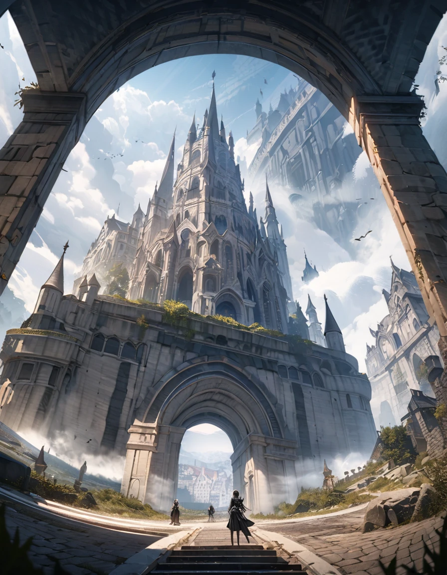 anime aestetics, anime scenery, gigantic stone arch, the sea on the left, foggy day, white mist over the town, gothic castle on the top of the arch, black and white stone, epic structure, dark fantasy aestetics, road leading to the sea under the arch, wallpapr, fisheye, perspective, atmospheric perspective, wide shot, highres, best quality, award winning, 8k, 4K, super detail, masterpiece, UHD