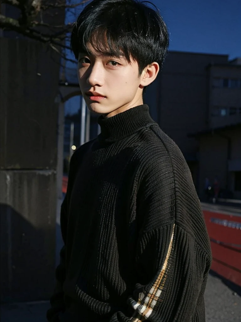 Boy, short hair, sweater,outdoors
