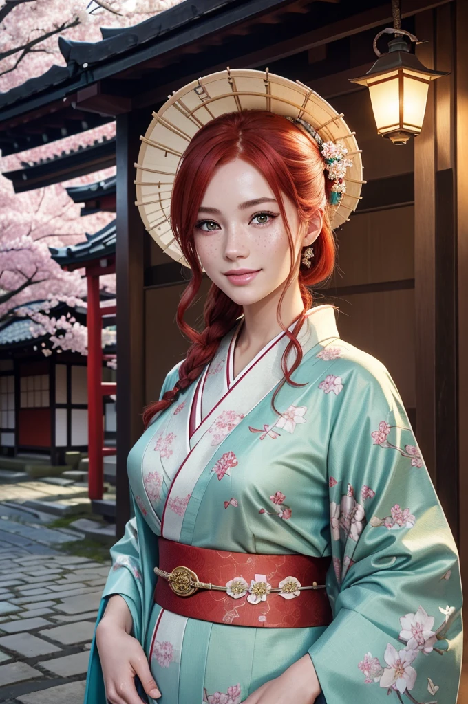 a close-up portrait of a Caucasian girl with red hair, green eyes, and freckles, wearing a traditional Japanese kimono and smiling, set against the backdrop of a Japanese street, (best quality,4k,8k,highres,masterpiece:1.2),ultra-detailed,(realistic,photorealistic,photo-realistic:1.37),extremely detailed eyes and face, beautiful detailed eyes, beautiful detailed lips, longeyelashes, intricate kimono pattern, cobblestone street, traditional Japanese buildings, lanterns, cherry blossoms, warm lighting, vibrant colors