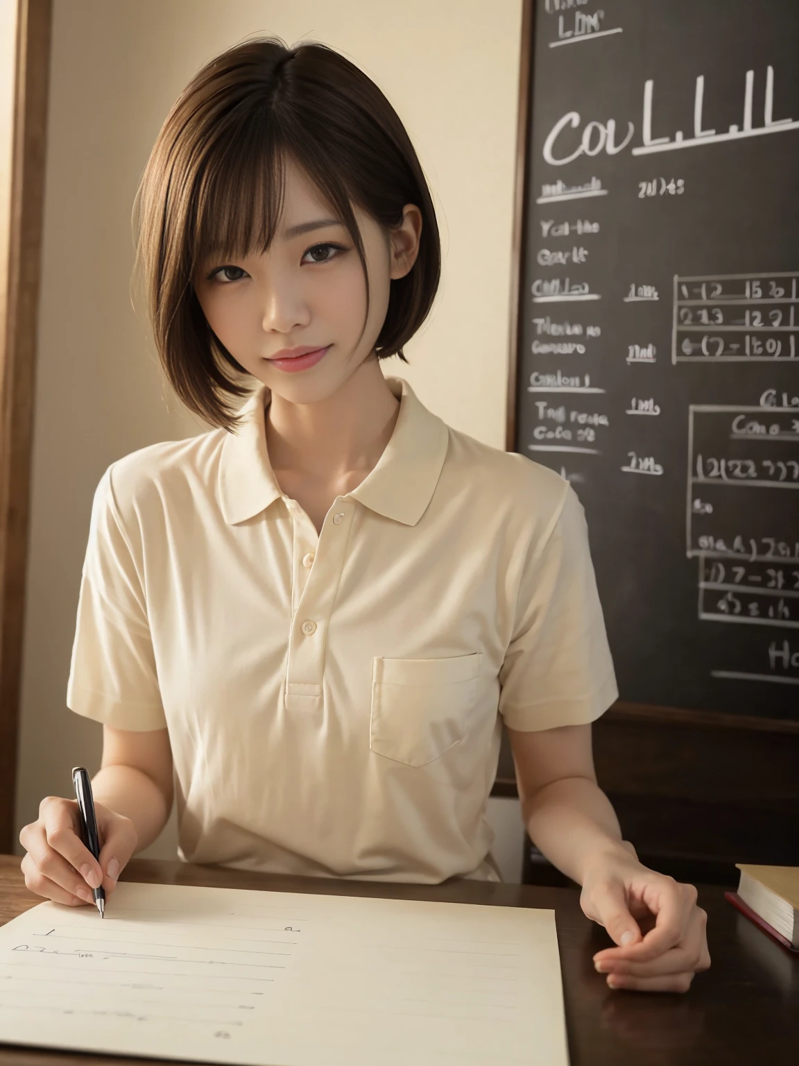 (One woman), short bob hair, 28 years old, Japanese, brown eyes, brown hair, slim figure, flat chest, rosy cheeks, flushed face, Blake's outfit: white polo shirt, beige chinos, expression and background: He is writing equations on the blackboard with a serious expression. He is smiling and enjoying his studies. The background is his study room at home, with a timetable posted on the wall.