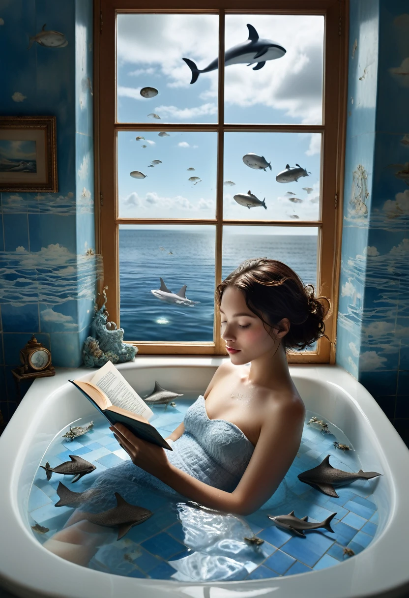 Hyper-realistic photograph of a woman relaxing in a bathtub, surrounded by surreal whimsy. Soft blue tiles reflect serene ambiance as she reads a book amidst a miniature harbor scene within the tub water. Whimsical cloud formations morph into sea creatures - whales, jellyfish, and stingrays - swimming through air above her head. Natural light streams through nearby window, casting warm glow on the tranquil scene. Her face exudes calm contentment, lost in book's pages, as a glass of wine rests nearby, adding luxury touch. Intricate water details, tile textures, and ethereal sea creatures captured with stunning clarity, showcasing Tim Walker's mastery with high-end DSLR and 35mm lens.