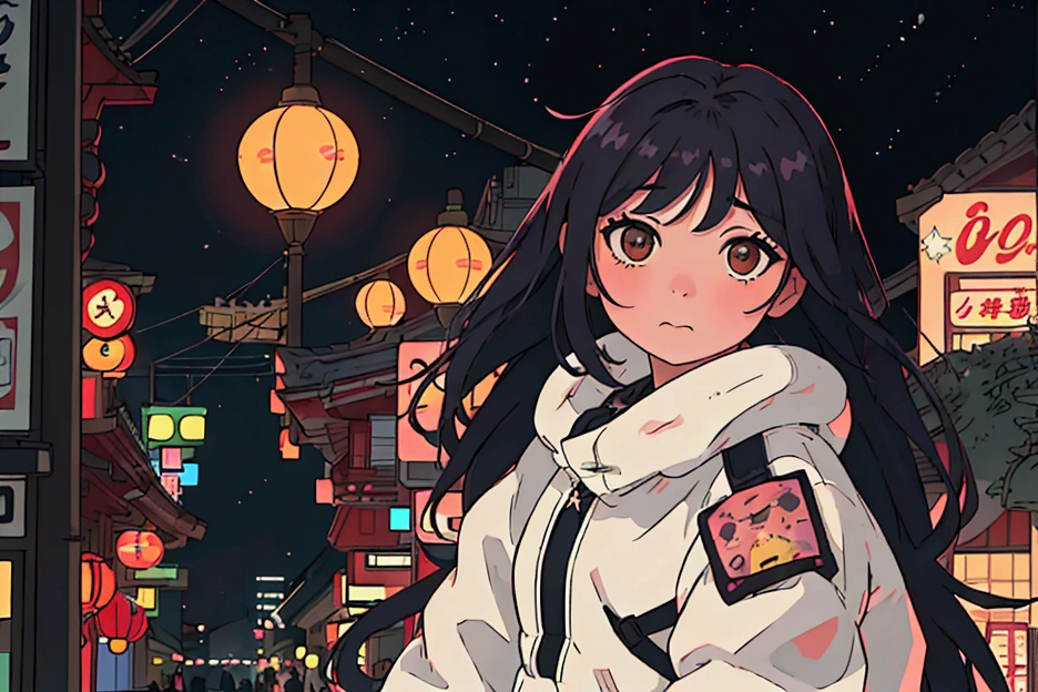 Create a scene of a 16-year-old shy girl playing at an arcade,A lonely look,citypop, Short black hair, and through the window you can see fireflies and a beautiful landscape full of stars 夜に, Characters with detailed faces, hands and hair,Illustration Style、Ukiyo-e、((girl))、Tokyo、Soft Touch、((Modern))、winter、High resolution, samba, Latina,Rainy night,Tokyo、CUTE