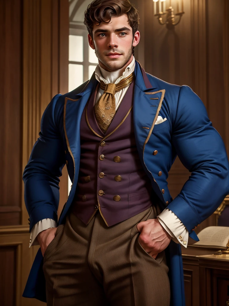 male, british, regency era, bridgerton, jonathan bailey', muscles, big pecs ,hairy chest, handsome face. wearing regency era suit