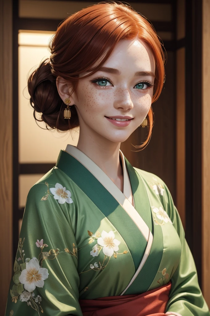 1girl, closeup, caucasian, redhead, green eyes, freckles, chignon hairstyle, wearing kimono, smiling, japanese street, detailed face, extremely detailed eyes, detailed lips, detailed nose, ultra-detailed, 8k, highres, photorealistic, cinematic lighting, warm color palette, vibrant colors, masterpiece
