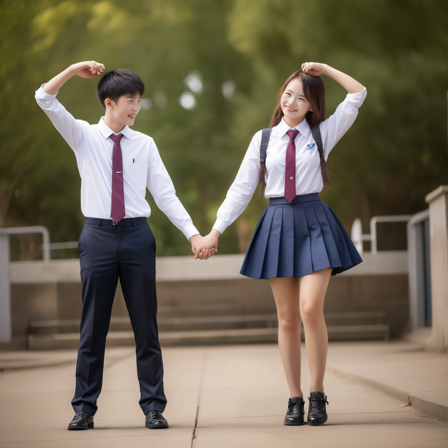 Two friends, chatting at school, man and woman ,pair,holding hands pose , wearing school clothes