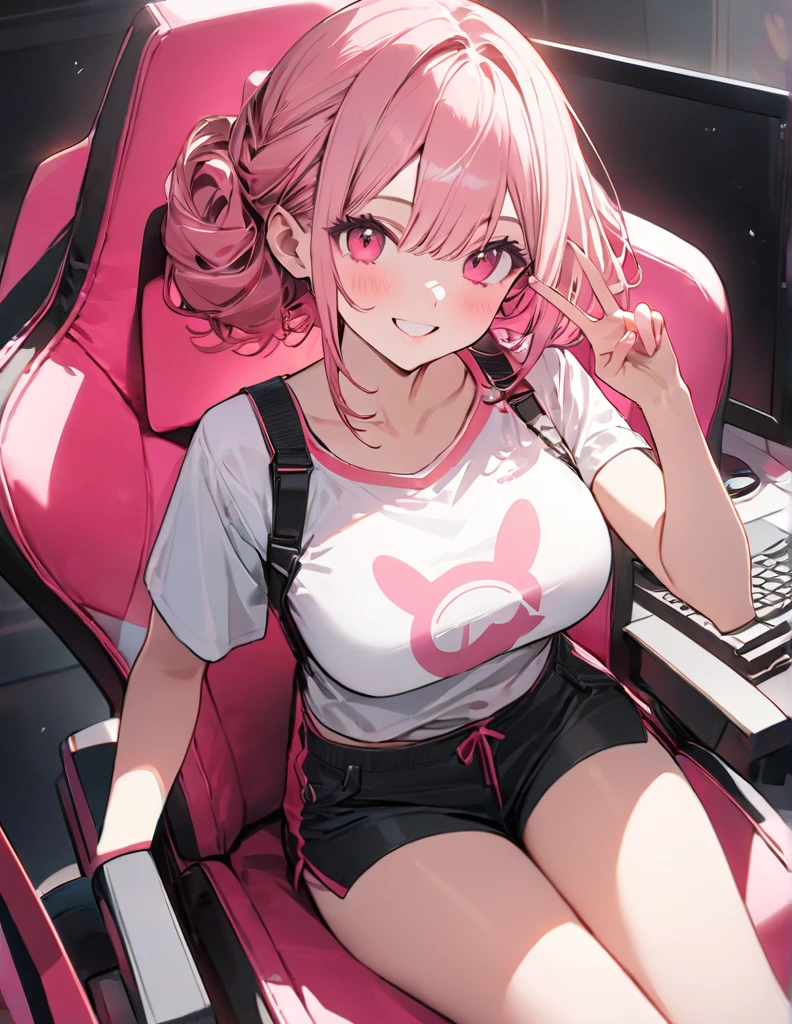 anime、Digital Art、Flat Design、Big Breasts、Wearing a plain white shirt、Wearing short plain shorts、Sitting in a gaming chair、I have a gaming console、One hand is making a peace sign、Cute smile、whole body、uhd, (masterpiece:1.2), best quality, highres, award winning, high details、Her hair is color pink&red