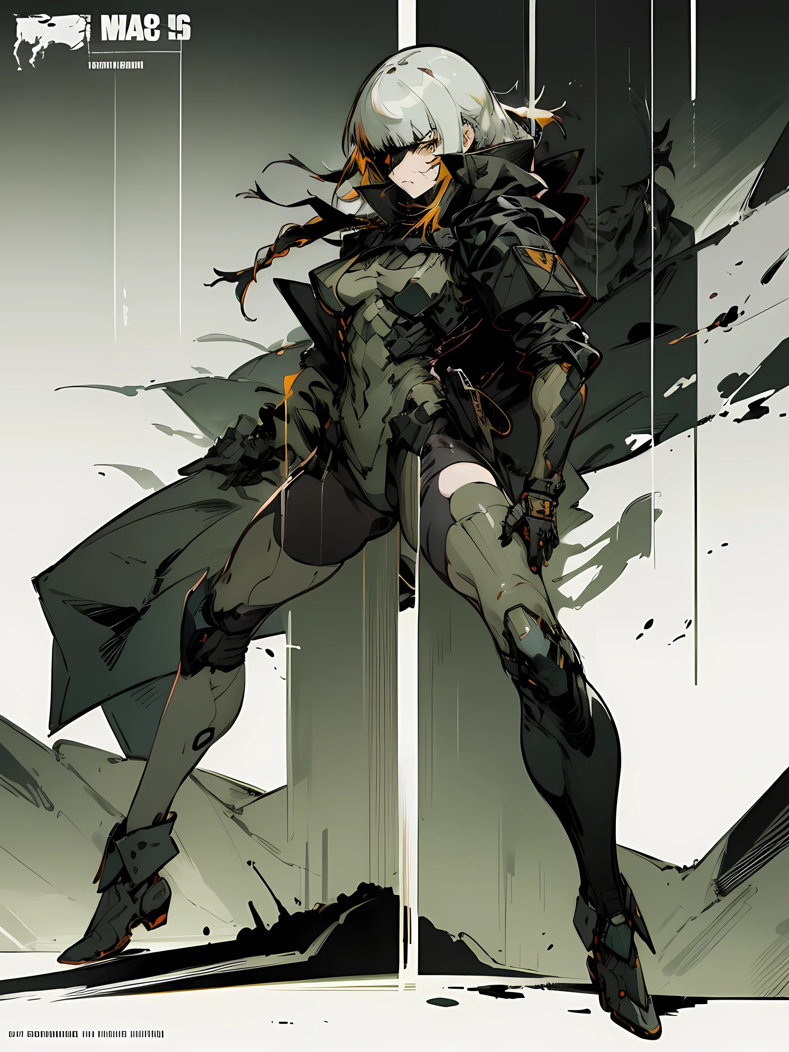 M16gflboss, (((1girl))), fullbody, Yoji Shinkawa style, Metal Gear Solid style, (masterpiece, high quality, dual-tone art illustration:1.3), (dynamic action pose), poster style, bold, captivating, sharp lines, contrasting tones, visual impact, enhanced depth, (solo character)