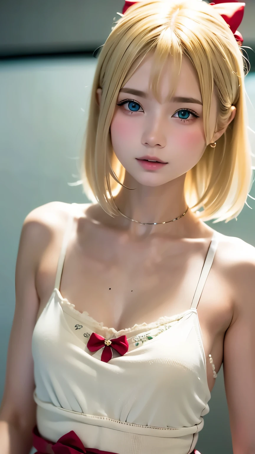 1 girl,Beautifully detailed face:1.3、Face close-up:1.6、The whole face fits in the frame:1.6、((She wears a big red bow in her hair like a French doll......:1.6))、 ((Small breasts:1.7))、(A sheer camisole with a loose fit around the chest:1.7), ((I&#39;looking forward to it:1.6))、Pink Eyeshadow:1.6、((Looking into the camera:1.3))、Very beautiful Japanese idol portraits, 
(RAW Photos, Highest quality), (Realistic, Realistic:1.4), (masterpiece), 
Very delicate and beautiful, Very detailed, 2k wallpaper, wonderful, finely, Very detailed CG Unity 8K 壁紙, Very detailed, High resolution, Soft Light, 
Beautiful detailed girl, Very detailed目と顔, Beautiful and sophisticated nose, Big beautiful eyes, Cinema Lighting, 
(Simple and solid background:1.3),
(Blonde medium hair:1.5), (Parted bangs), 
Complete Anatomy, Slender body,とてもSmall breasts, Sensual look