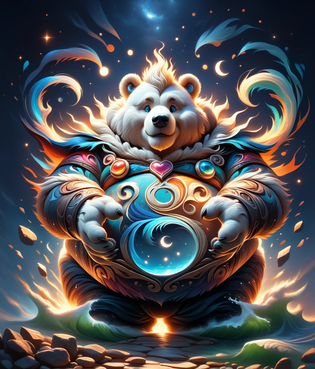 (cute, fat, obese, anthro, male, polar bear), DonM34r7h3l3XL, fullbody,  adorable, magical oasis, fantasy, night time, moonlight, magical, extremely detailed, beautiful,whimsical, hires textures, highly detailed, intricate details, best quality, masterpiece, bright lighting, detailxl