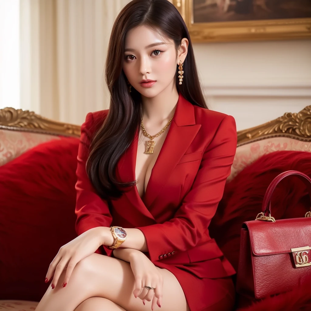 a beauty THAI   PLUM  SLIGHLTLY CHUBBY girl,thin dark PONYTAIL straight hair with few bangs,gold necklace,watch random colors of ,,RED
OFFICE JUMPSUIT mini skirt outfit, pale shine skin complexion crossed legs wearing long heels ,arms passion ,palace interior background, ultra HD, detailed image, 8k, cute, glamorous,  with ELEGANT LV BAG ON HER SIDE ,ELEGANT,full lenght view all face on camera,whole body view,sitting formal properly  in RED fur couch,