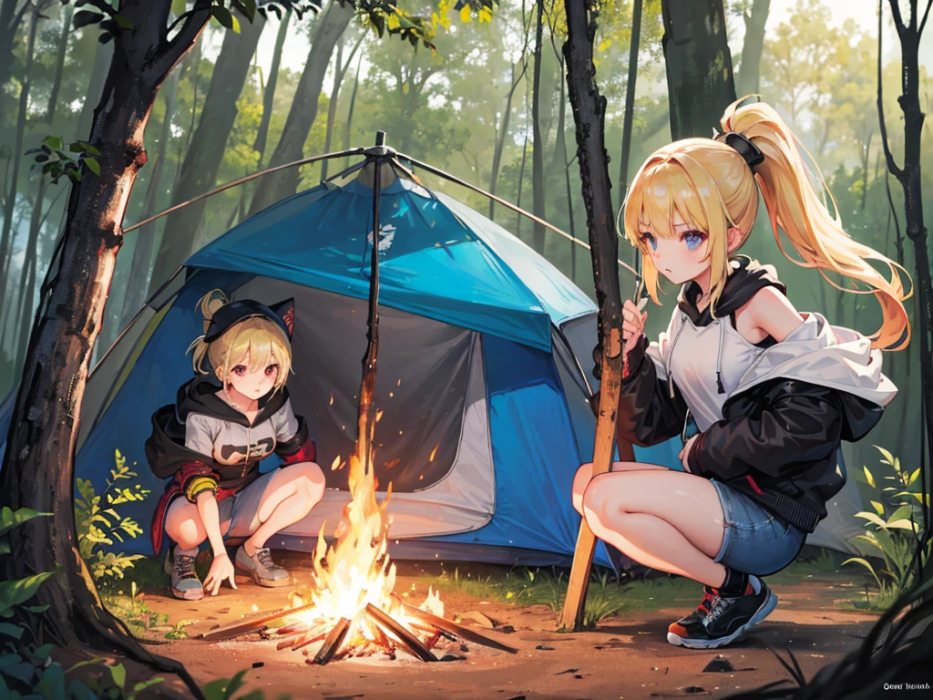 super high quality, Ultra-high resolution, Ultra HD, One girl, Tube top, hoodie, hot pants, Underbust, Off the shoulder, cap, in the forest, camp, tent, Bonfire, Crouching, Blonde, ponytail, Gal