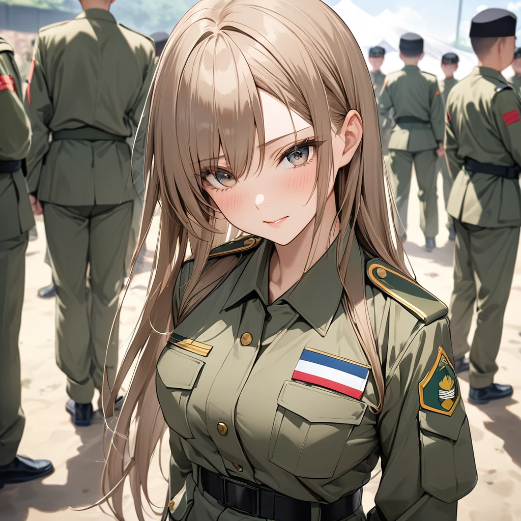 ((Highest quality)), ((masterpiece)), (detailed), (Perfect Face)、The woman is Asuna Yuki, a female member of the Japanese Self-Defense Forces. She has light brown, semi-long hair and is a female member of the Japanese Self-Defense Forces, dressed in the full khaki uniform of the Self-Defense Forces.、The woman is an exemplary member of the Self-Defense Forces and a beautiful female member of the Self-Defense Forces participating in a ceremony.、The woman is wearing the regular uniform of the Self-Defense Forces women, including the Self-Defense Forces female member's hat and the Self-Defense Forces female member's tight-fitting skirt, and is an exemplary female Self-Defense Forces member.