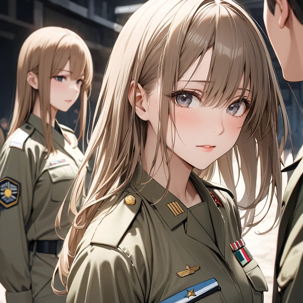 ((Highest quality)), ((masterpiece)), (detailed), (Perfect Face)、The woman is Asuna Yuki, a female member of the Japanese Self-Defense Forces. She has light brown, semi-long hair and is a female member of the Japanese Self-Defense Forces, dressed in the full khaki uniform of the Self-Defense Forces.、The woman is an exemplary member of the Self-Defense Forces and a beautiful female member of the Self-Defense Forces participating in a ceremony.、The woman is wearing the regular uniform of the Self-Defense Forces women, including the Self-Defense Forces female member's hat and the Self-Defense Forces female member's tight-fitting skirt, and is an exemplary female Self-Defense Forces member.
