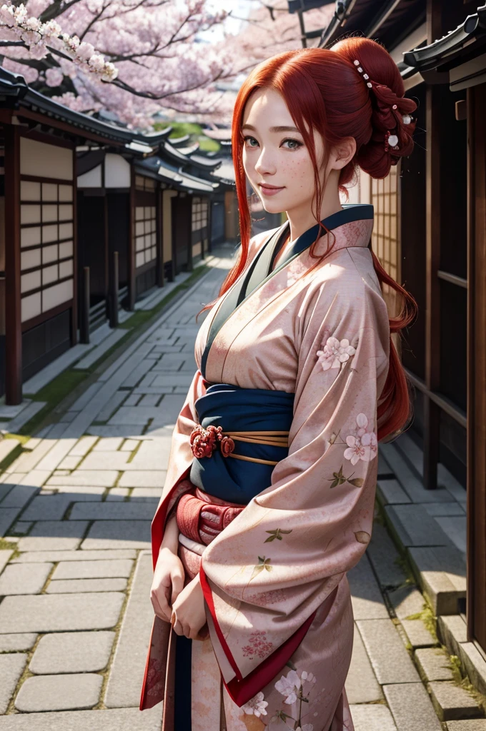 A beautiful young Caucasian girl with long red hair, green eyes, and freckles, wearing a traditional Japanese kimono, standing in a Japanese street, smiling, with a chignon hairstyle, (best quality,4k,8k,highres,masterpiece:1.2),ultra-detailed,(realistic,photorealistic,photo-realistic:1.37),intricate details,vibrant colors,natural lighting,detailed facial features,elegant kimono,atmospheric street scene,japanese architecture,cherry blossoms,traditional japanese culture