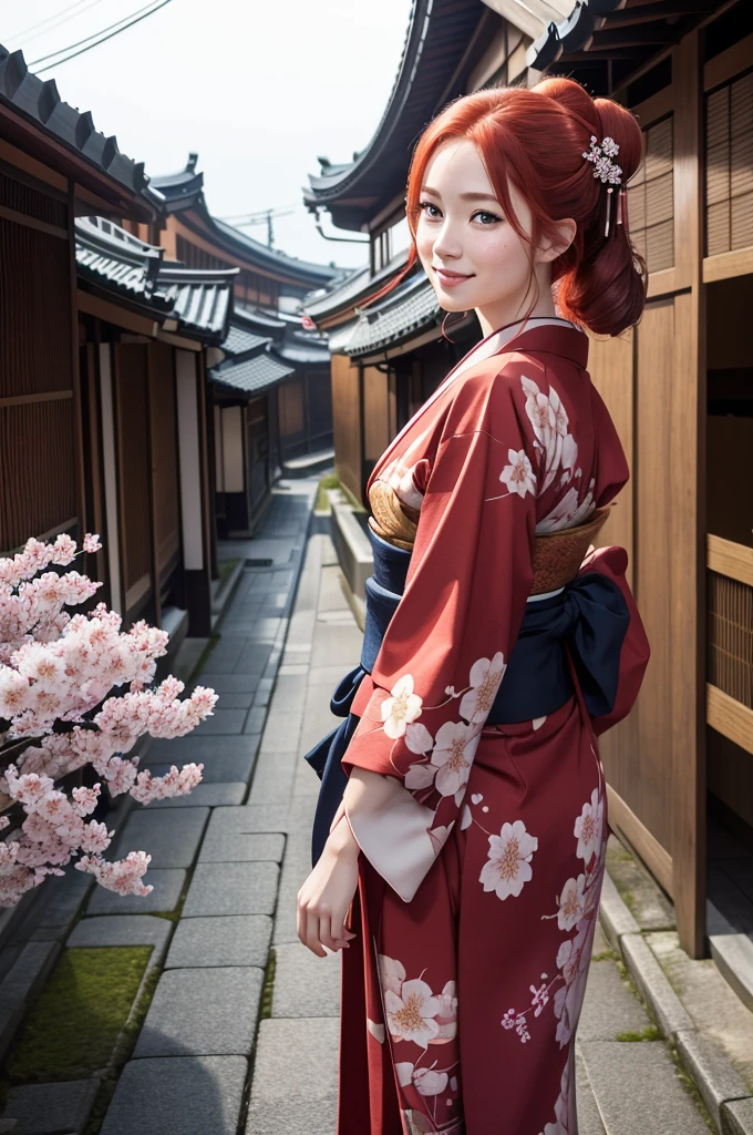 A beautiful young Caucasian girl with long red hair, green eyes, and freckles, wearing a traditional Japanese kimono, standing in a Japanese street, smiling, with a chignon hairstyle, (best quality,4k,8k,highres,masterpiece:1.2),ultra-detailed,(realistic,photorealistic,photo-realistic:1.37),intricate details,vibrant colors,natural lighting,detailed facial features,elegant kimono,atmospheric street scene,japanese architecture,cherry blossoms,traditional japanese culture