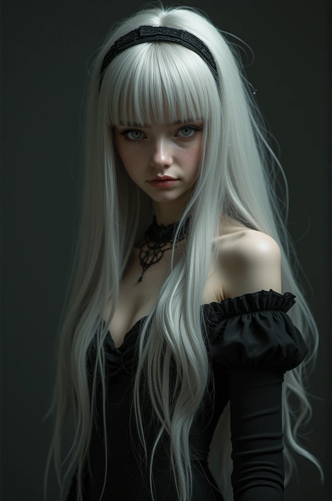 ((best quality)), ((masterpiece)), (detailed), 1 Girl, Off-shoulder, role conception, woman, Dynamic poses, Long white-grey hair, Off-white eyes, Very thin, detailed, best quality, No jewelry around the neck, No shoes allowed, Protruding collarbone, Skinny arms, Flat belly, Visible hip bone, whole body, detailed gothic, National Science Foundation, Dramatic and cinematic lighting, cosmic horror, dark, Side Light, Perfect face, National Science Foundation, Realistic shadows, Delicate skin, The breasts are very small, Headband, Very detailed, highly detailed face, Perfect face shape, Perfect lips, Perfect nose, Correction of beautiful eyes, Viewers, best quality, Single Girl, not good, No underwear, Solitary 