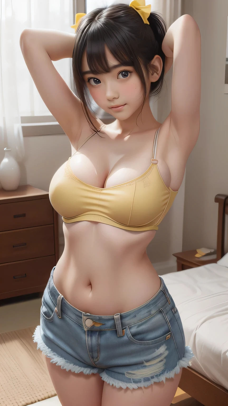 (Raw photo, Unity 16K Wallpaper, Best Quality, high quality, Ultra-detailed, Ultra High Resolution, extremely details CG, Caustics, Masterpiece:1.2), Professional Photograph, Nude Photography, gravure photo, (Realistic:1.4), Solo, Full Body, From head to thighs, arms behind back while smiling, ((1 cute girl)), ((Young face)), ((Japanese)), Realistic skin texture(shiny and pale skin), Black hair, Very Short Twin-tails, High twin-tails, both side locks, Blunt bangs, details face, Round face with big eyes, Cheek gloss, Makeup, , young and skinny body, Oppai_, Huge breast(((Saggy breast:1.5))), SFW, ((denim shorts)), ((midriff)), ((yellow camisole)). looking at viewer, arms behind head, scenery bedroom background, Cinematic lighting, Strong lights, studio soft light, Rim Light, (Brighten the subject), (Intricate details:1.4), Octane Rendering, Intricate 3D rendering super detailed, Vivid details, , young and skinny body, arms behind back while smiling, Bare pussy, large breasts, oppai_lolinned skin, short twintails, red eyes, black hair, sasaki kanna, ((denim shorts)), ((midriff)), ((yellow camisole))