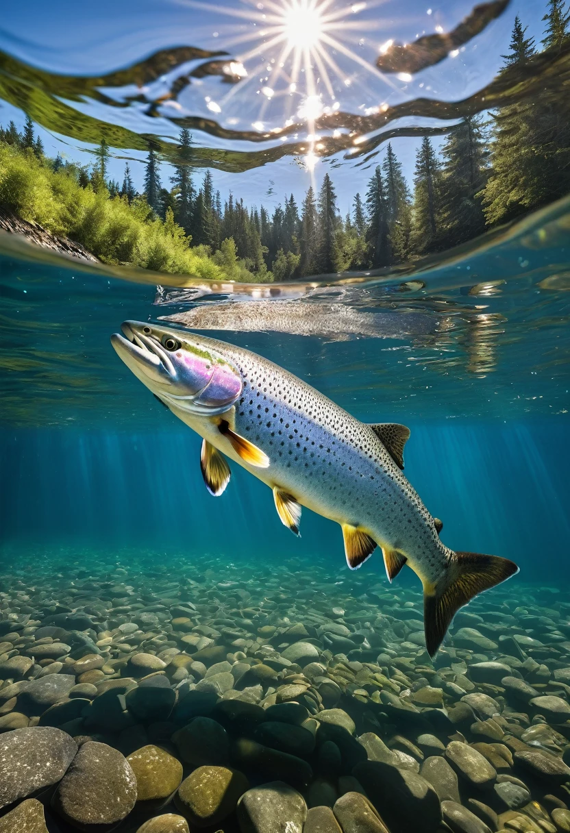 8K quality, ultra-high definition realism, Canada's Unicorn River, Canada's short summer, a big trout, a steelhead, swimming towards us in the crystal clear river current, light pours into the river from the clear blue sky, in the sparkling water, the steelhead's body sparkles silver, attention to detail, a lively steelhead swimming, its body twisting as it swims, the shadows are deep due to the backlight, the camera looks up from below, background; looking up, the sky is visible through the water surface.