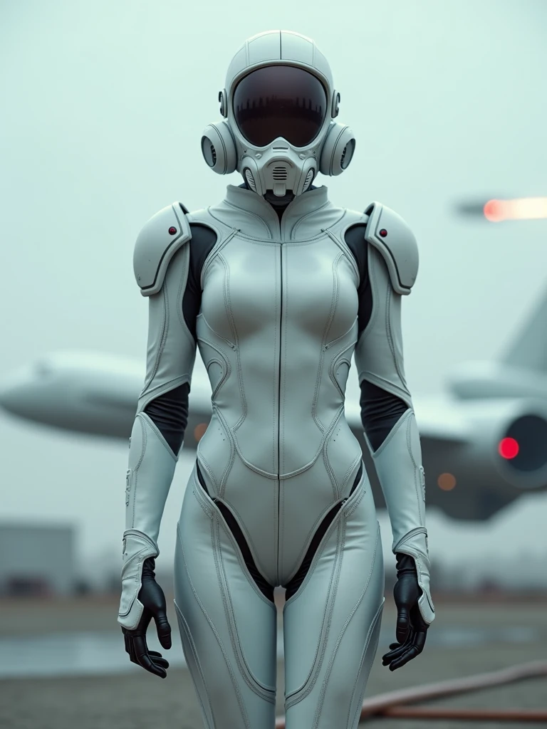 armed female figure in a white sci-fi suit (tight jumpsuit) , at the spaceport, against the background of a sci-fi ship taking off, overcast, mask, sci-fi visor, sci-fi lens, sci-fi respirator, bald head, plate armor, isolated armor, third-person view from below, lots of fine detail, sci-fi movie style, photography, natural textures, natural light, natural blur, photorealism, cinematic rendering, ray tracing, highest quality, highest detail, Cinematic, Blur Effect, Long Exposure, 8K, Ultra-HD, Natural Lighting, Moody Lighting, Cinematic Lighting