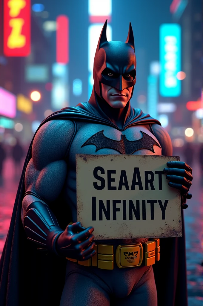 batman holding a sign that says SeaArt Infinity, SeaArt Infinity, hero pose colorful city lighting, from movie batman, dan mumford. 8 k octane render, anigirl batman, 8k render”, cyberpunk batman, adam west as batman 2022, the batman, inspired by Jim Lee, 8k comic art, dan mumford. octane render, high detail iconic character