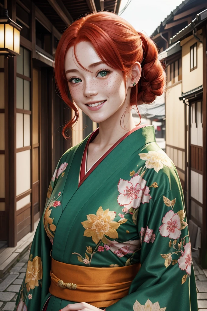 a beautiful girl with red hair, green eyes and freckles, wearing a kimono, smiling in a Japanese street, ultra-detailed, 8k, hyperrealistic, cinematic lighting, in the style of an oil painting, vibrant colors, intricate details