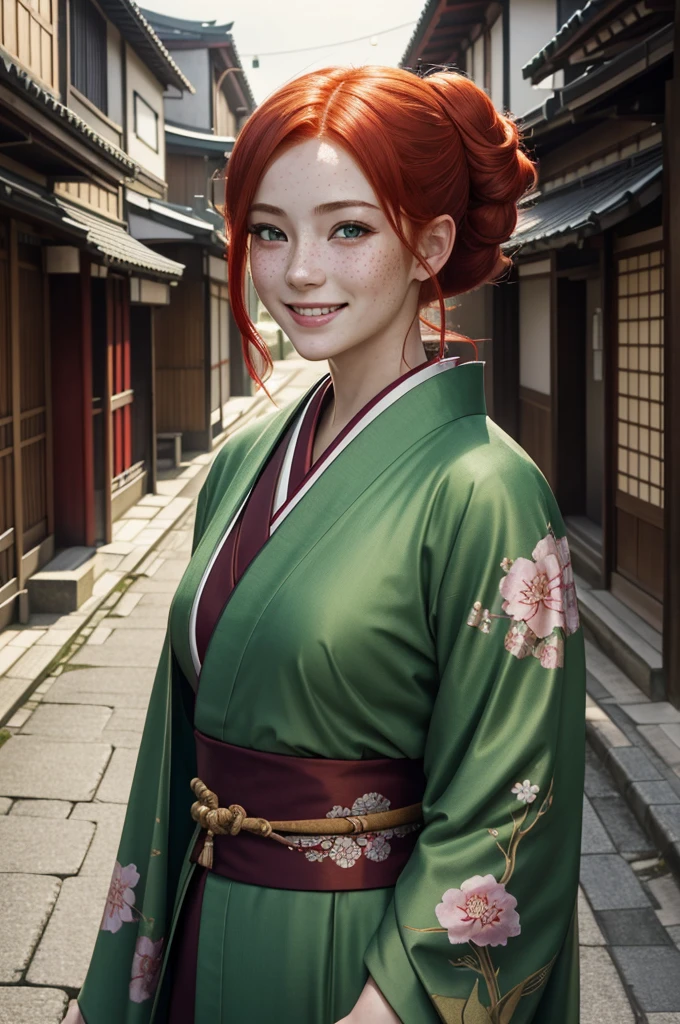a beautiful girl with red hair, green eyes and freckles, wearing a kimono, smiling in a Japanese street, ultra-detailed, 8k, hyperrealistic, cinematic lighting, in the style of an oil painting, vibrant colors, intricate details
