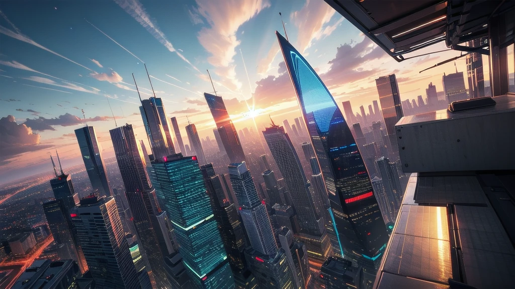 Generate a 3D banner image showcasing a futuristic cityscape at sunset. Incorporate realistic textures and lighting effects to emphasize the depth and realism of the scene. Highlight tall skyscrapers, neon lights, and flying vehicles, creating a sense of awe and wonder.