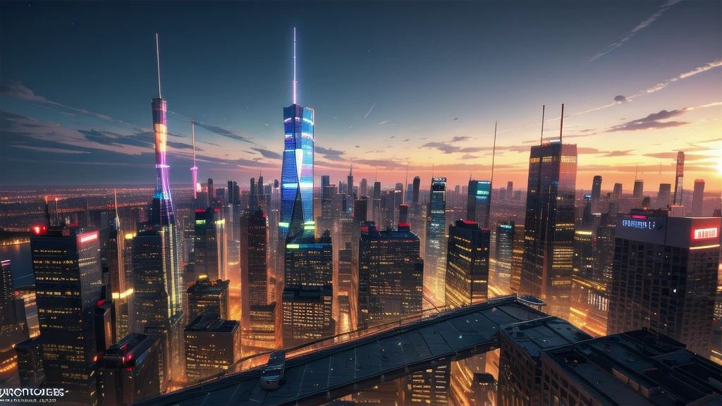 Generate a 3D banner image showcasing a futuristic cityscape at sunset. Incorporate realistic textures and lighting effects to emphasize the depth and realism of the scene. Highlight tall skyscrapers, neon lights, and flying vehicles, creating a sense of awe and wonder.